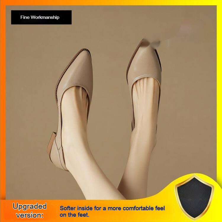 Womens French-style Pointed-toe Low-cut Mid-heel Leather Shoes