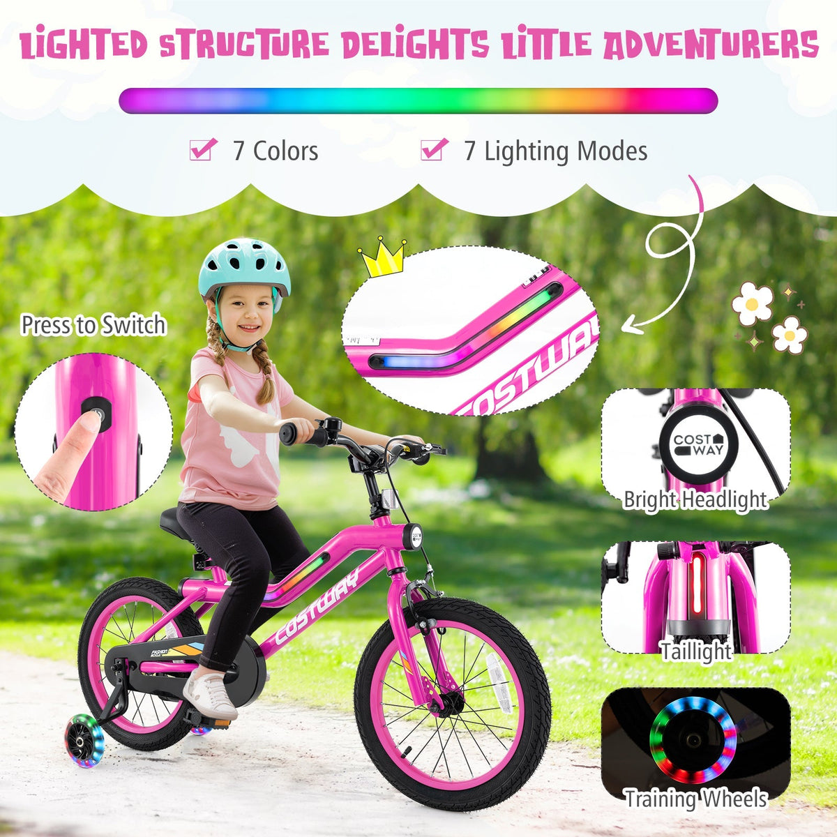 18 Inch LED Lighted Kids Bike with Training Wheels and Headlight for Ages 4-8 Years-18 inches