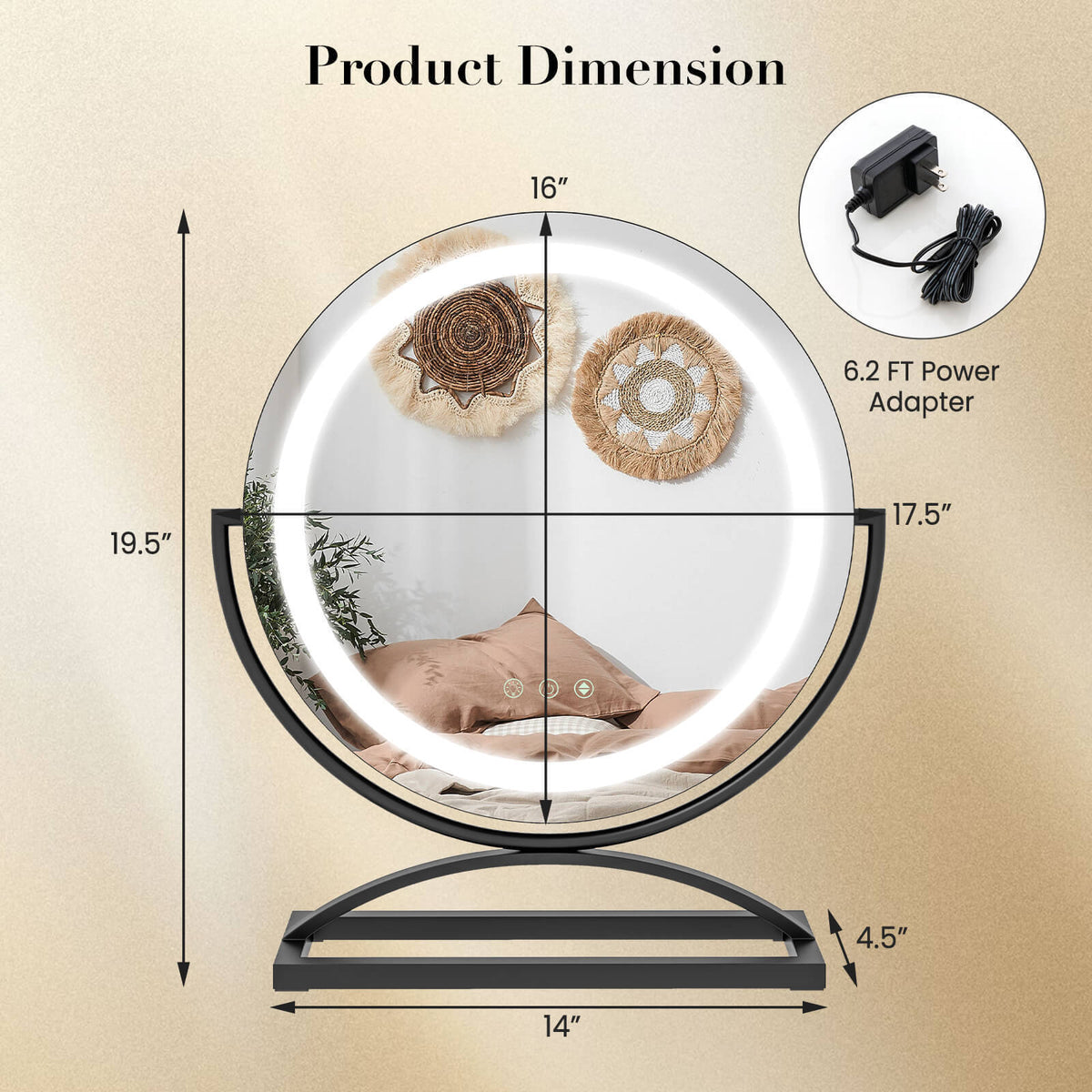 16 Inch Round Makeup Vanity Mirror with 3 Color Dimmable LED Lighting