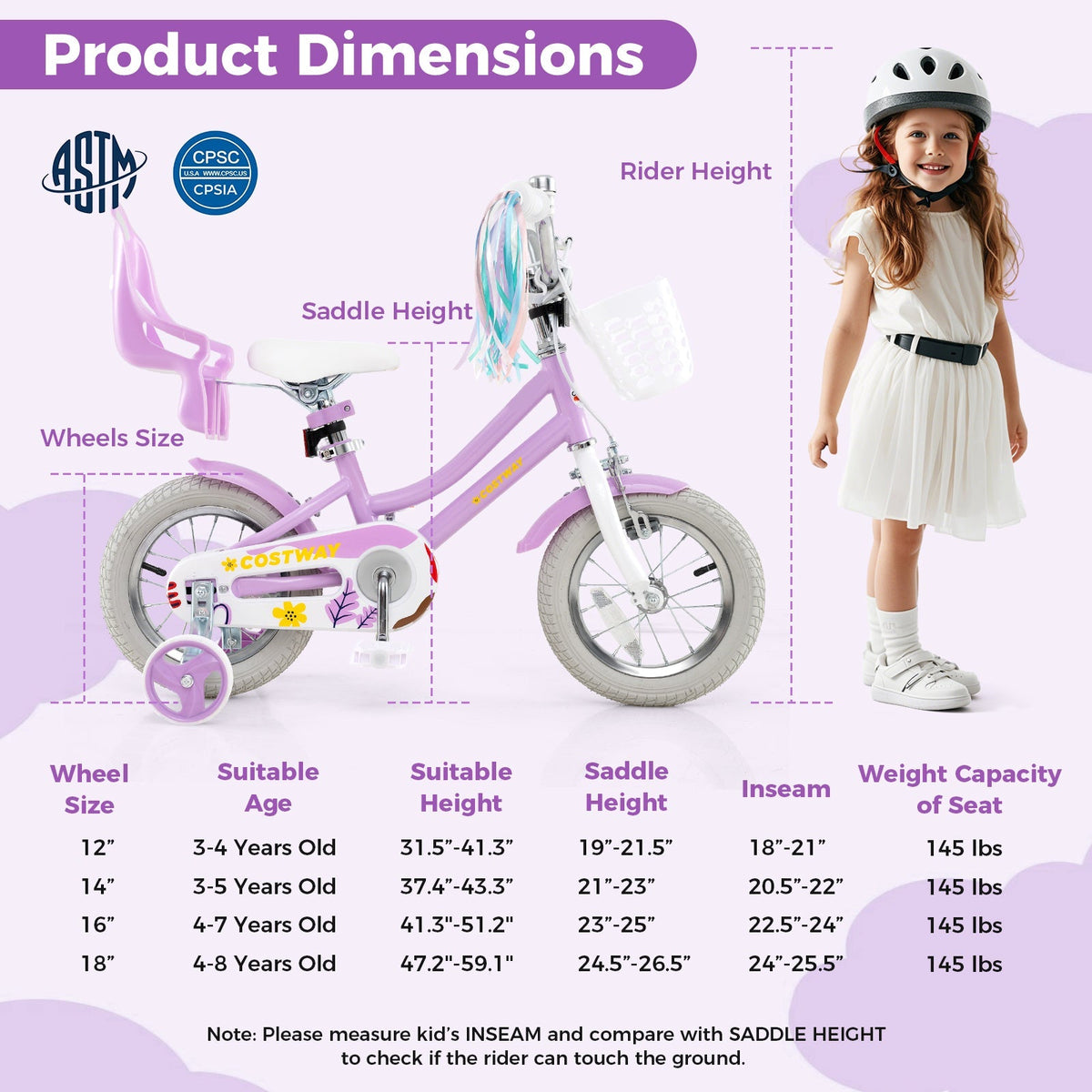 18 Inch Girls Bike Kids Bicycle with Doll Seat and Streamers for Children 4