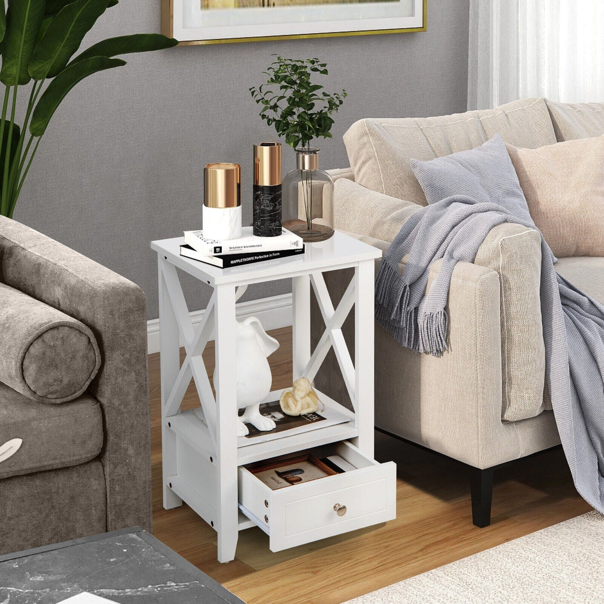 2-Tier 16 x 14 Inch Multifunctional Nightstand with Storage Drawer