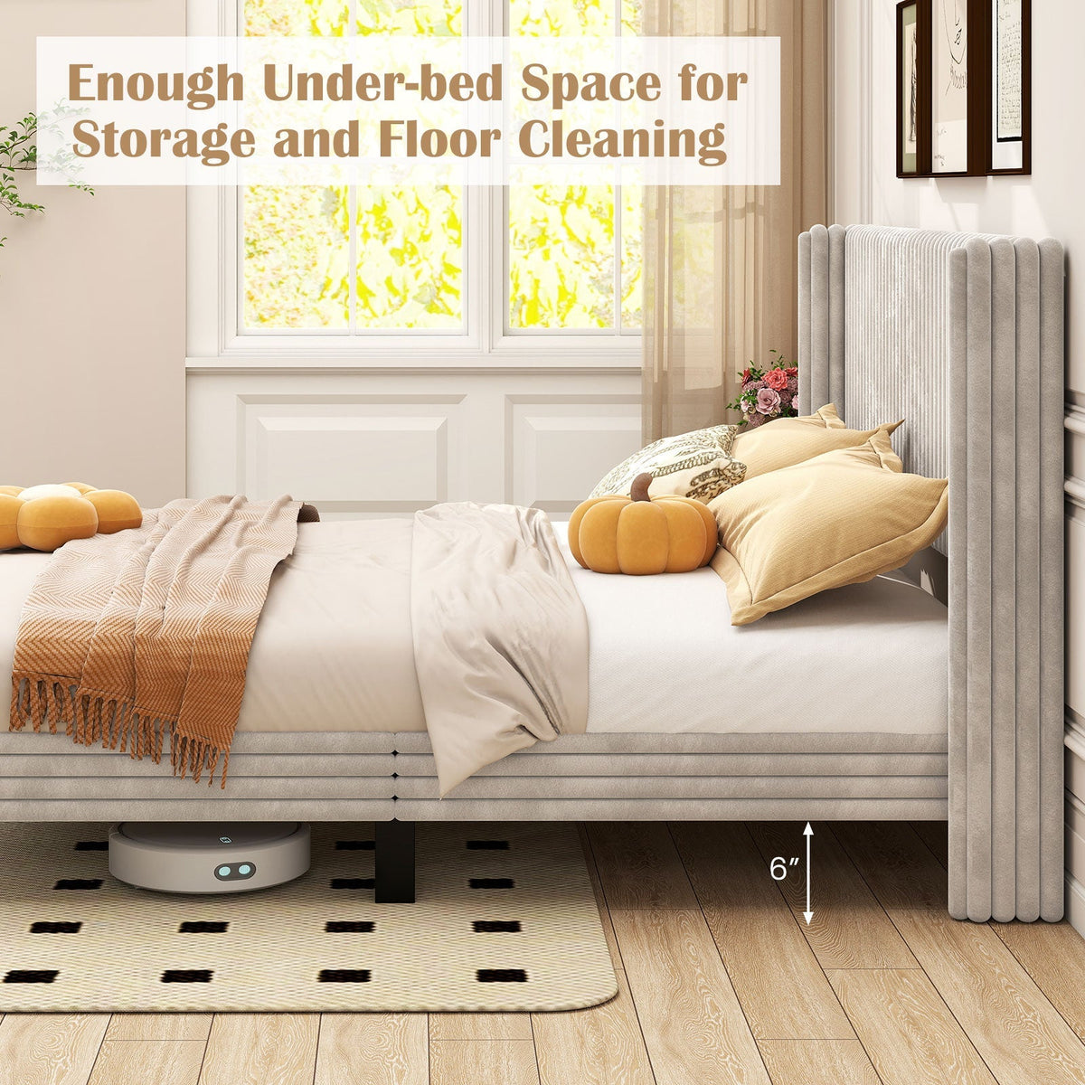 Queen Size Velvet Bed Frame with Vertical Channel Tufted Wingback Headboard-White