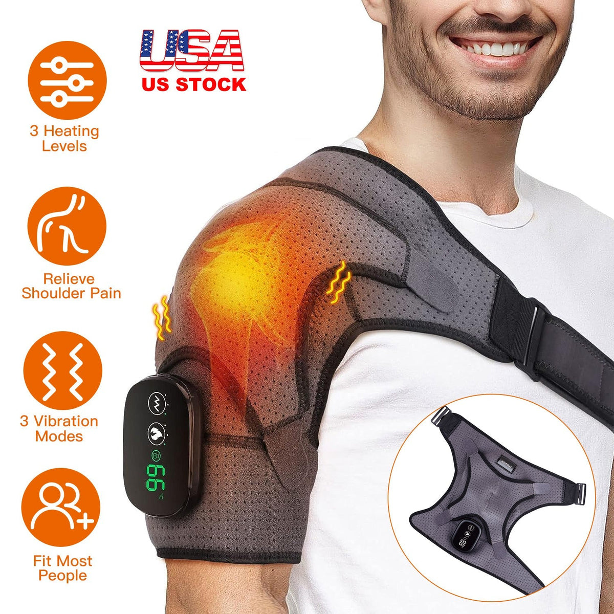 Cordless Shoulder Heating Pad Rechargeable Heated Shoulder Wrap MassagerÊShoulder Brace Supports with 3 Heating Levels 3 Vibration Modes for Left Righ