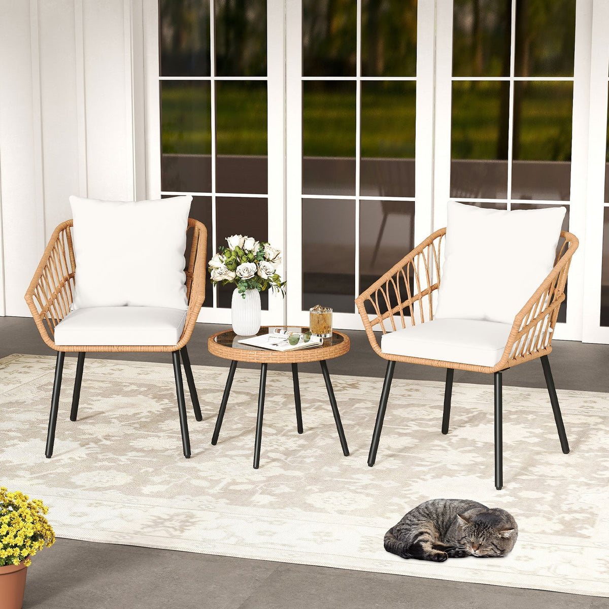 3 Piece Patio Bistro Set with Heavy Duty Metal Frame-Beige