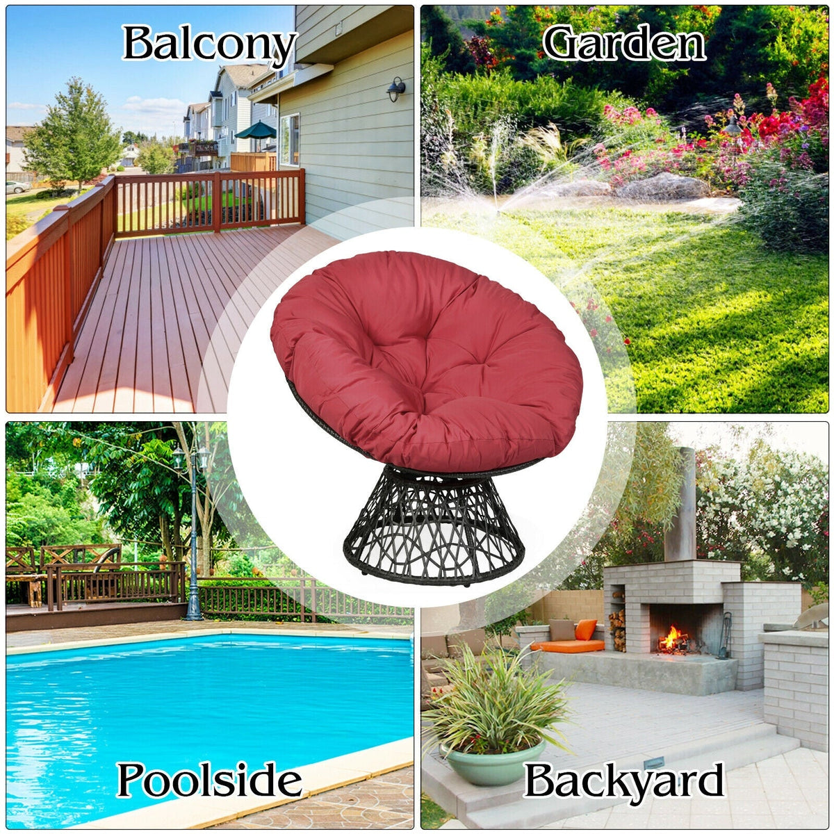 Rattan Papasan Chair Ergonomic 360-degree Swivel Soft Cushion Garden