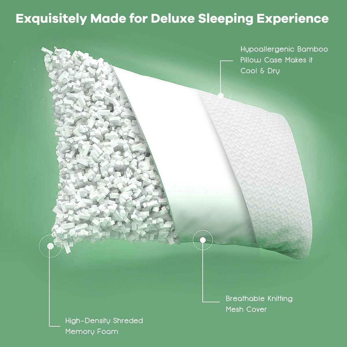 Set of 2 28 x18 Inch Shredded Memory Foam Bed Pillows with Bamboo Cooling Cover