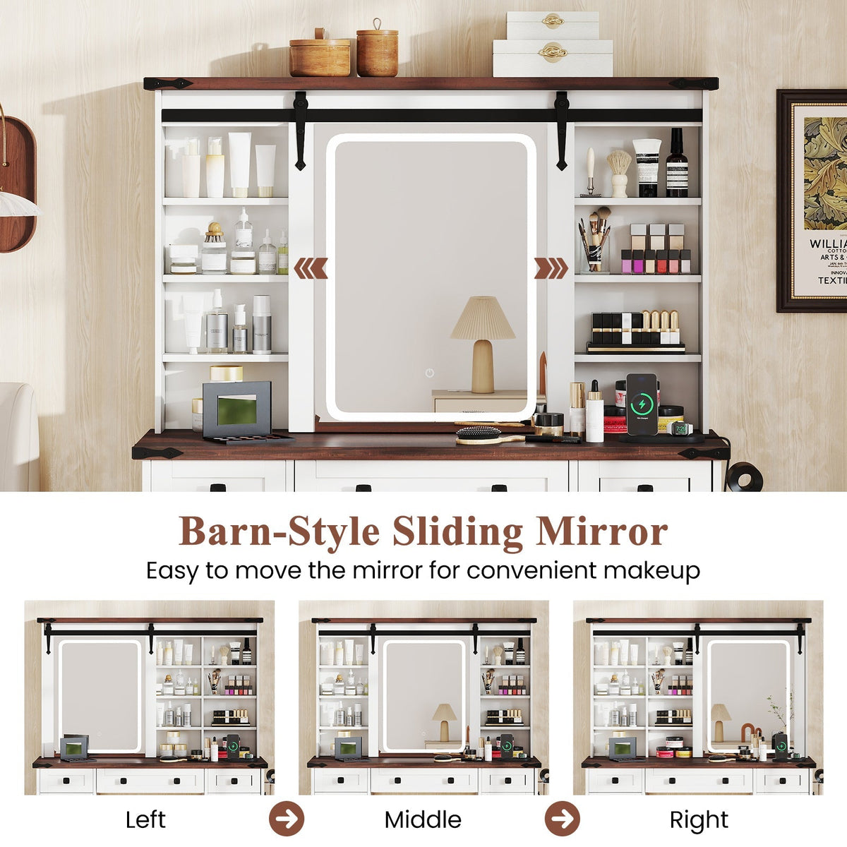 Farmhouse Vanity Desk with Barn-Style Sliding Mirror and 3 Lighting Modes-White