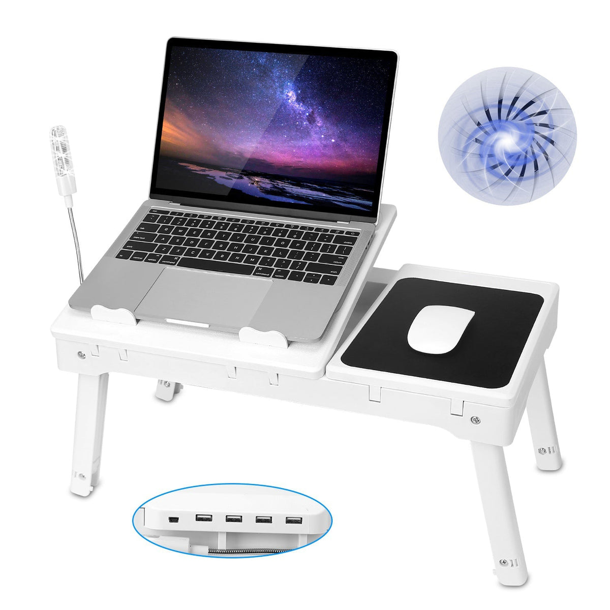 Foldable Laptop Table Bed Notebook Desk w/Cooling Fan Mouse Board LED light 4 x USB Ports Breakfast Snacking Tray with Storage Groove For Home Office