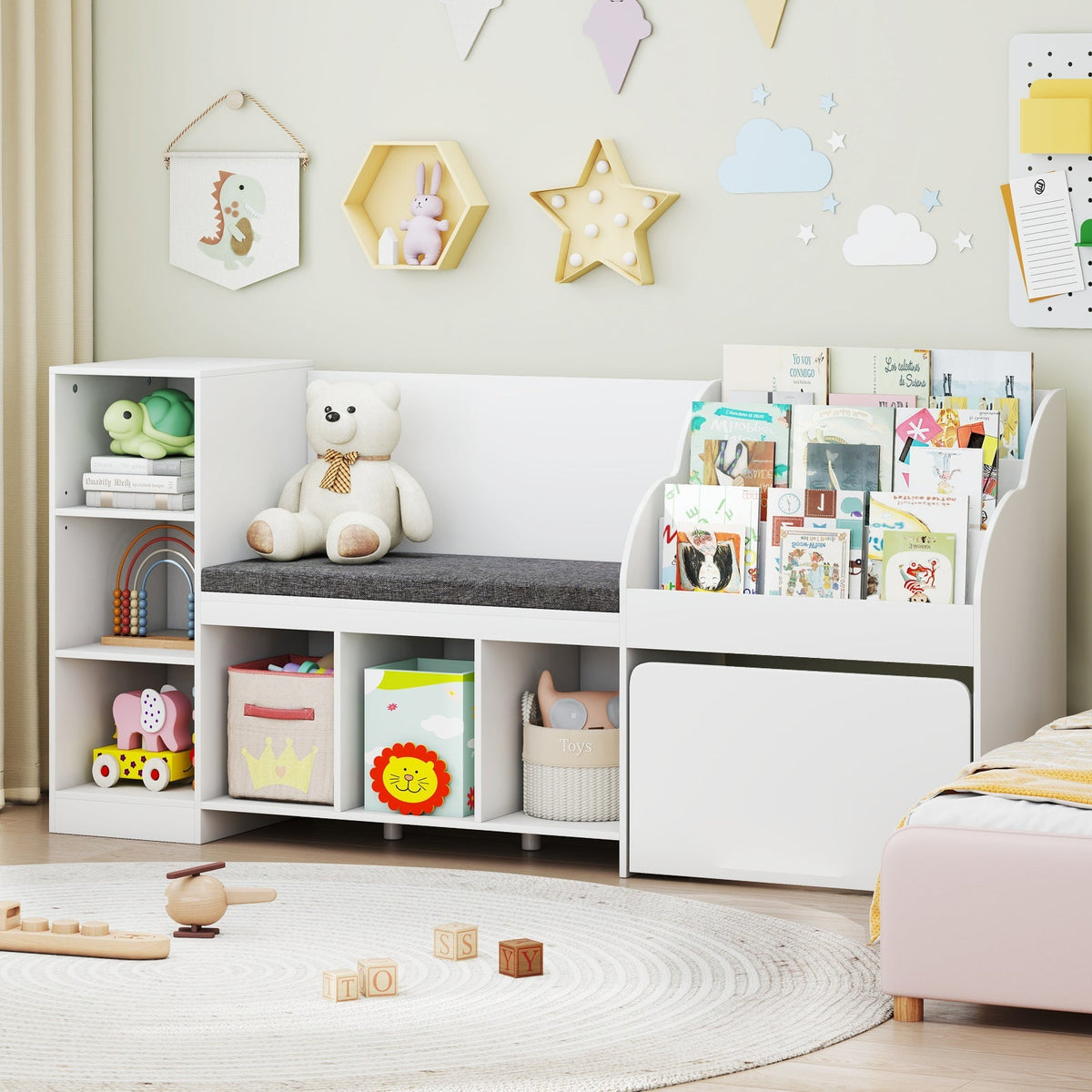 Kids Bookcase with Reading Nook 4-in-1 Standing Toy Organizer-White