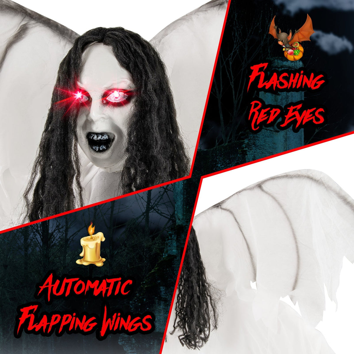 6.6 Feet Halloween Animatronic Standing Angel with Sound-Activated Light-up Eyes and Flapping Wings
