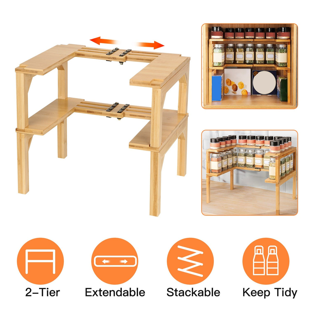 2-Tier Kitchen Spice Rack Expandable Bamboo Spice Organizer Cabinet Stackable Seasoning Organizer Extendable Spice Jar Rack for Countertops Pantries C