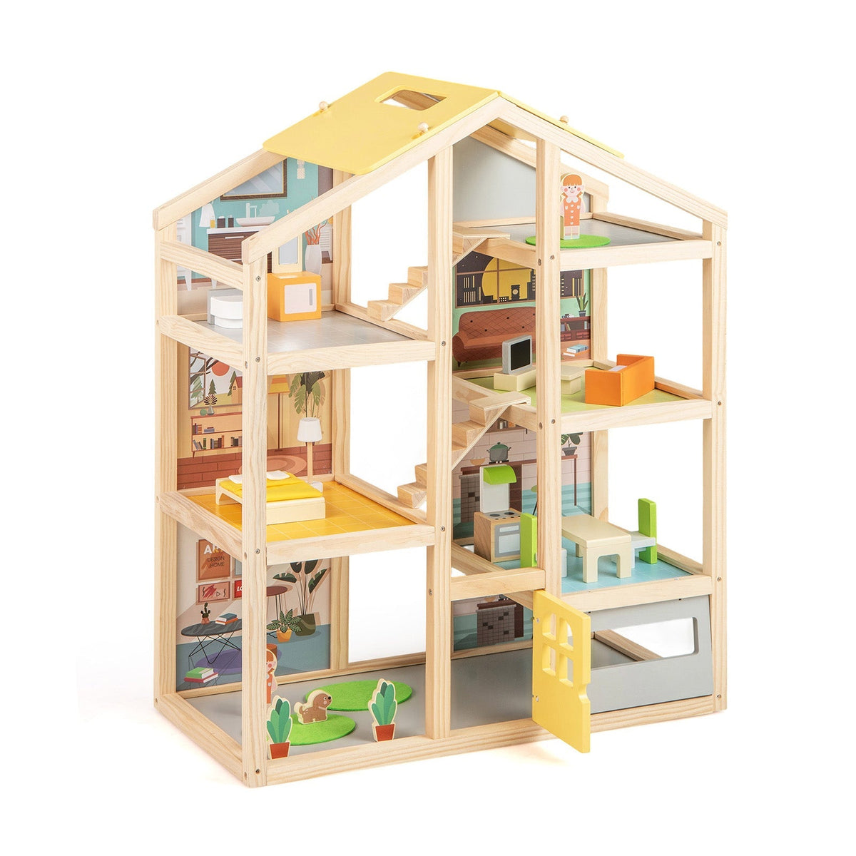 Wooden Dollhouse for Kids Modern Family Pretend Playhouse with Furniture Pieces and Figures-Natural