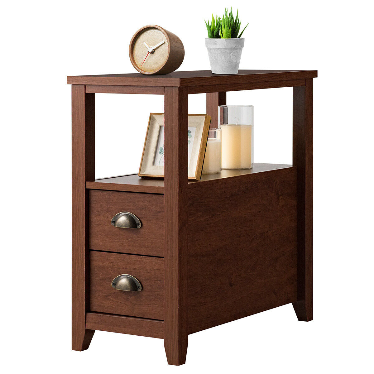 End Table Wooden with 2 Drawers and Shelf Bedside Table