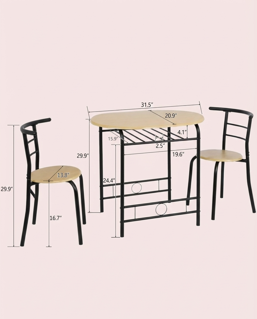 Juego de comedor de 3 piezas para 2 personas – Mesa de madera minimalista + 2 sillas con estructura de metal