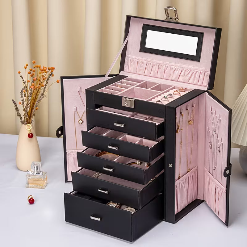 6-Tier Large Jewelry Box Organizer with 5 Drawers and Mirror