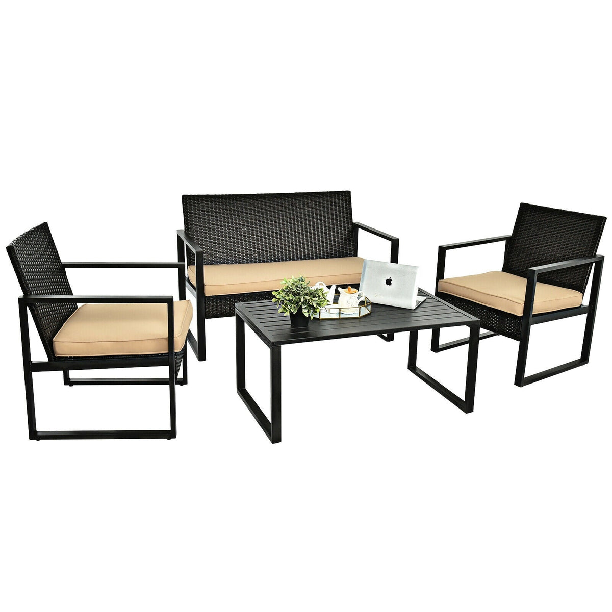 4 Pieces Patio Rattan Furniture Set with Seat Cushions and Coffee Table