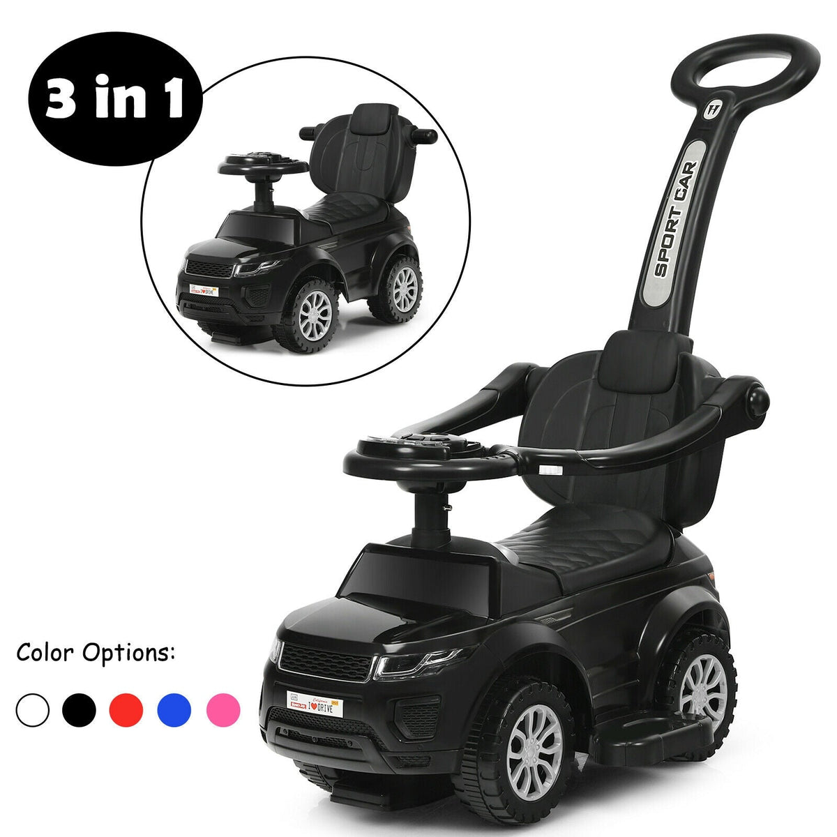 3 in 1 Ride on Push Car Toddler Stroller Sliding Car with Music-Black