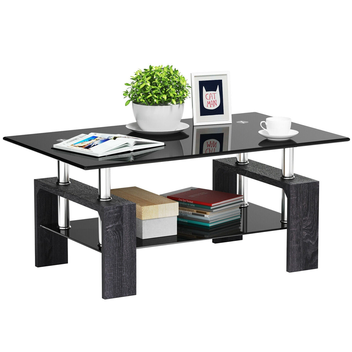 Rectangular Tempered Glass Coffee Table with Shelf
