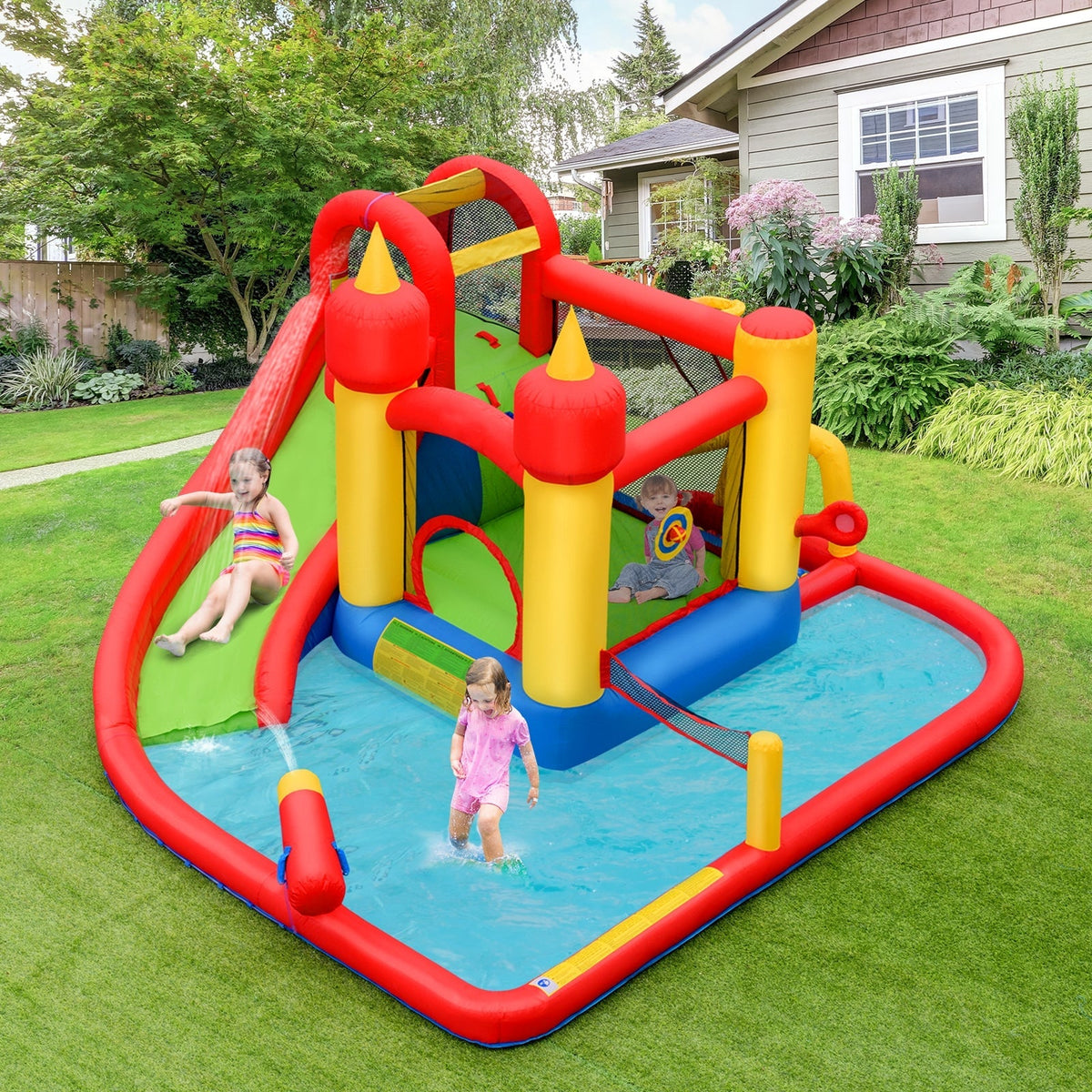 Tobogán de agua inflable con casa de rebote con soplador de 740 W