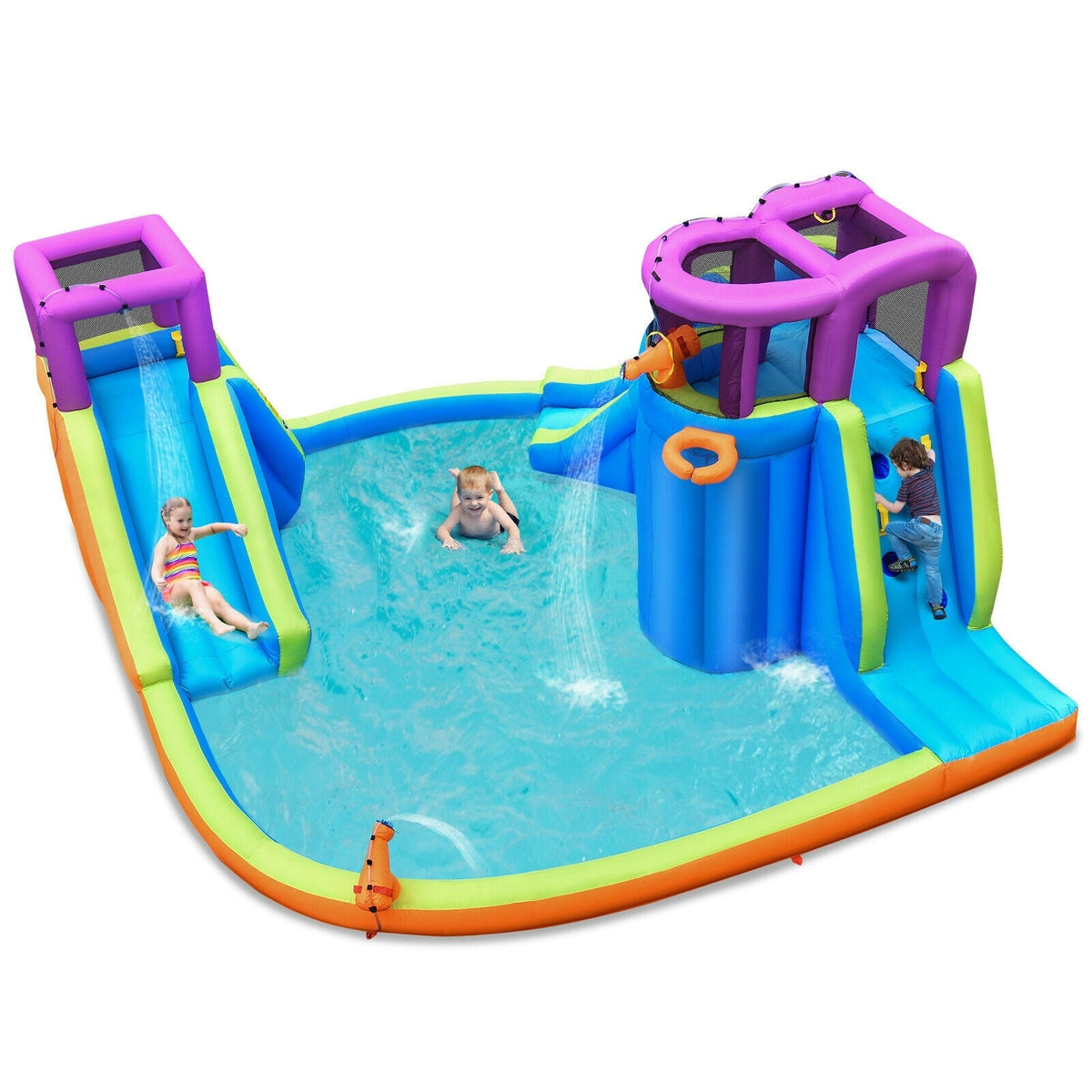 Tobogán de agua inflable 6 en 1 con casa de rebote, sin soplador
