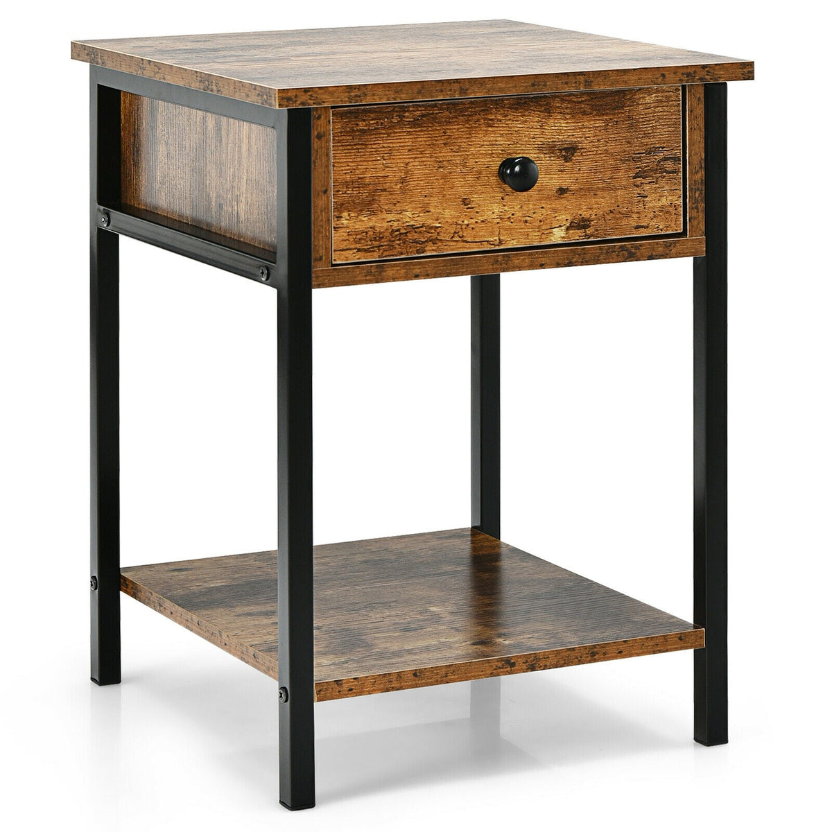 Industrial End Side Table Nightstand with Drawer Shelf