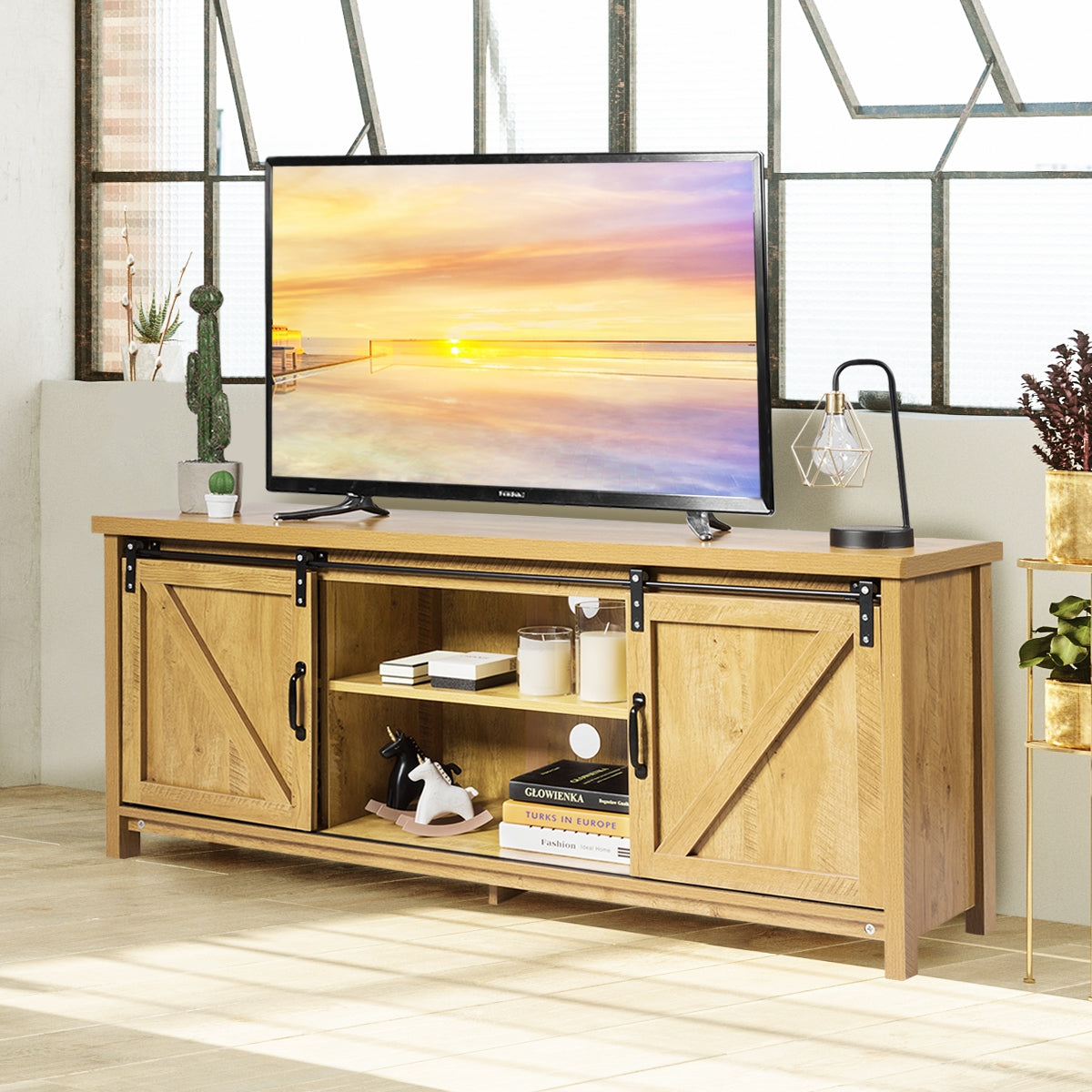 TV Stand Media Center Console Cabinet with Sliding Barn Door