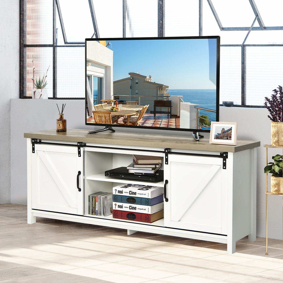 TV Stand Media Center Console Cabinet with Sliding Barn Door