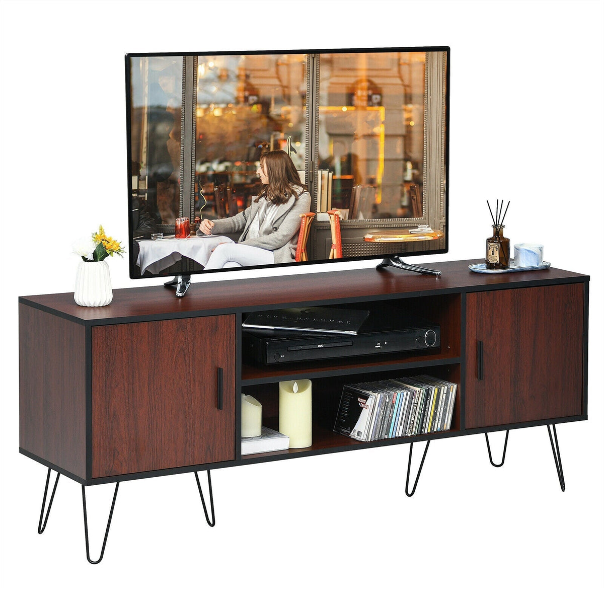 Retro Modern TV Stand with 6 Metal Legs for TVs up to 65 Inch with 2 Cable Holes