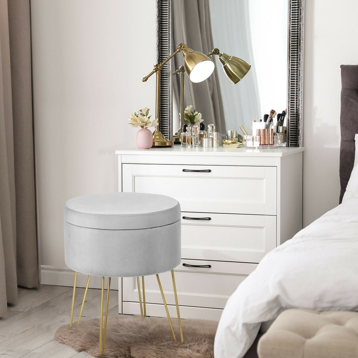 Round Velvet Storage Ottoman Footrest Stool Vanity Chair with Metal Legs