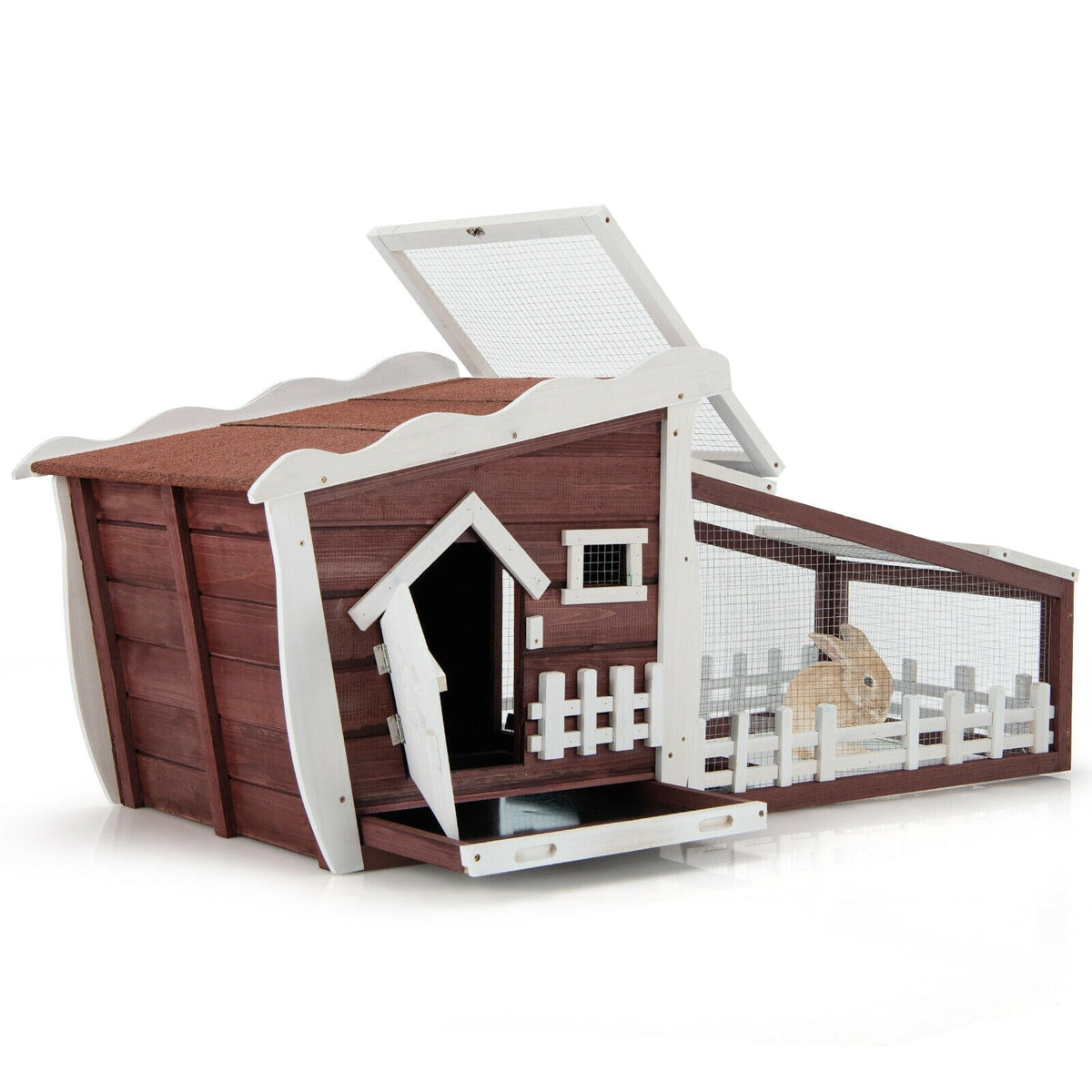 62 Inch Wooden Rabbit Hutch with Pull Out Tray