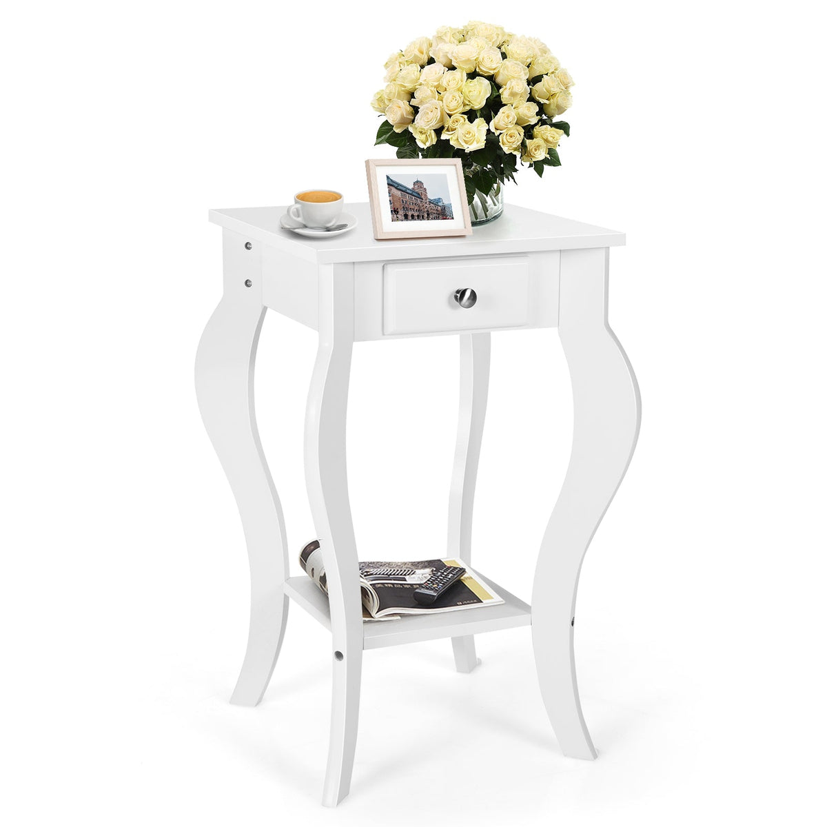 2-Tier End Table with Drawer and Shelf for Living Room Bedroom