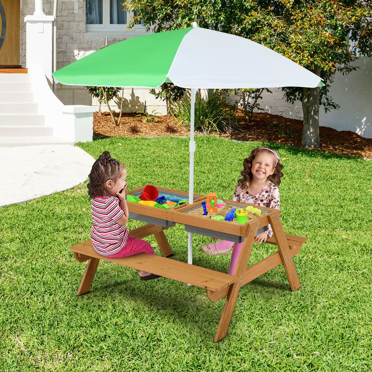 3-in-1 Kids Outdoor Picnic Water Sand Table with Umbrella Play Boxes-Green