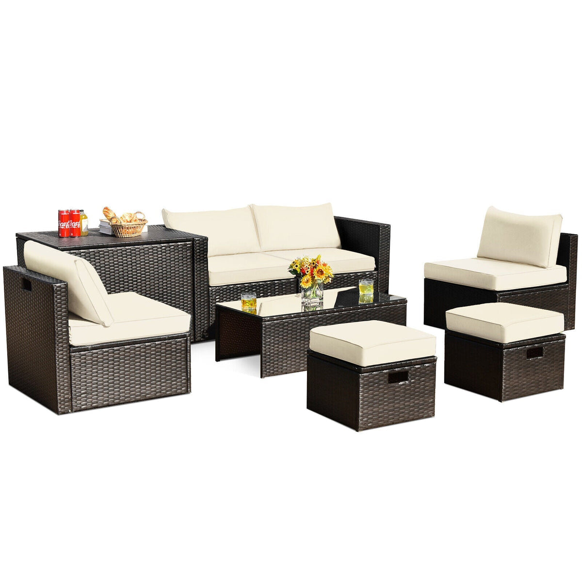 8 Pieces Patio Space-Saving Rattan Furniture Set with Storage Box and Waterproof Cover-Gray