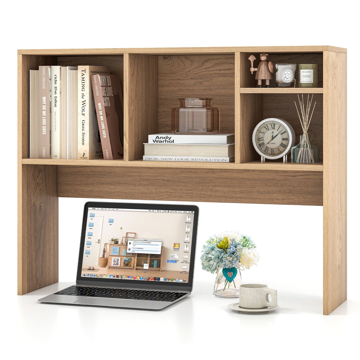 Computer Desktop Bookcase with 4 Cubbies and Open Back Compartment
