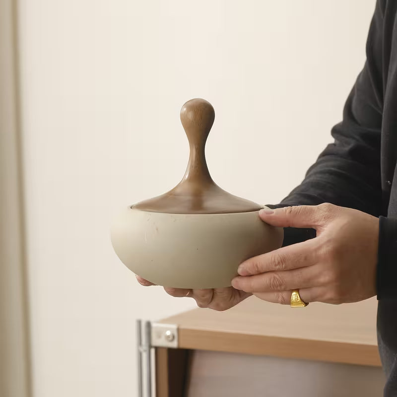 Ceramic Storage Jar with Solid Wood Lid