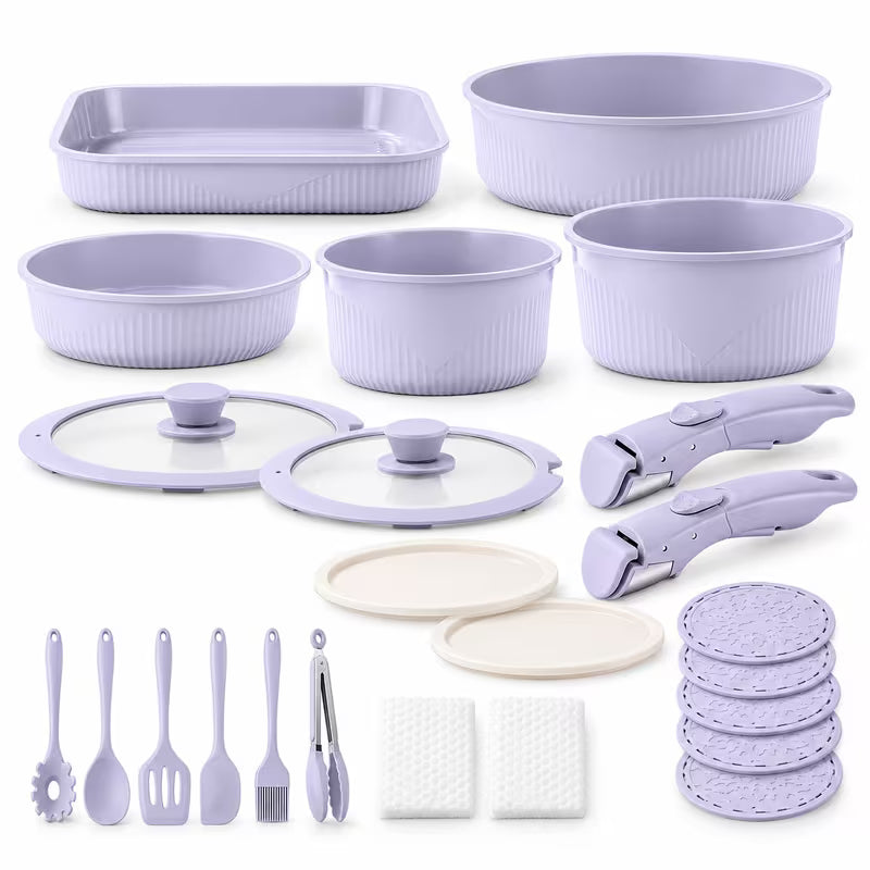 24-Piece Nonstick Cookware Set with Detachable Handles