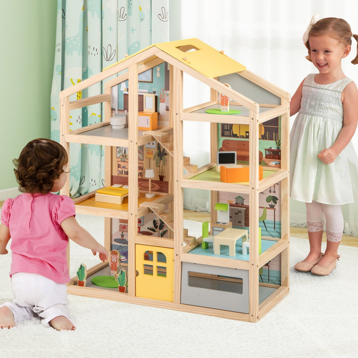 Wooden Dollhouse for Kids Modern Family Pretend Playhouse with Furniture Pieces and Figures-Natural
