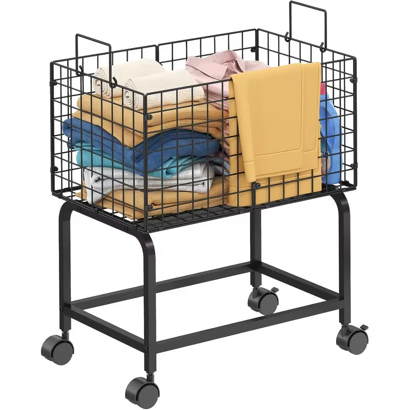 Metal Wire Rolling Laundry Hamper Cart with Pull Handle