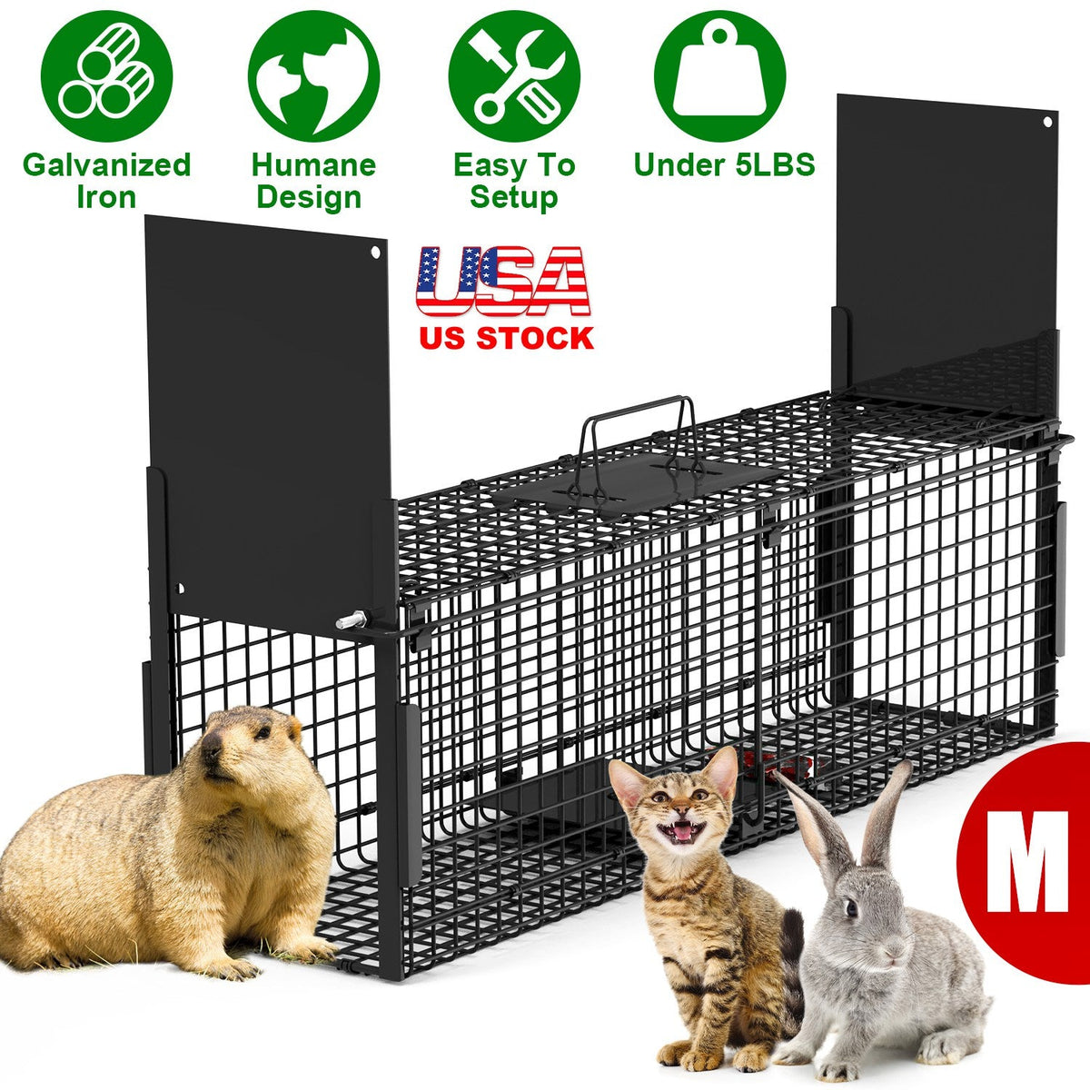 32in 2 Door Live Animal Cage Trap For Animals Under 12LBS Easy To Setup Humane Galvanized Iron Trap Cage For Rabbits Groundhogs Skunk Opossums Nutria
