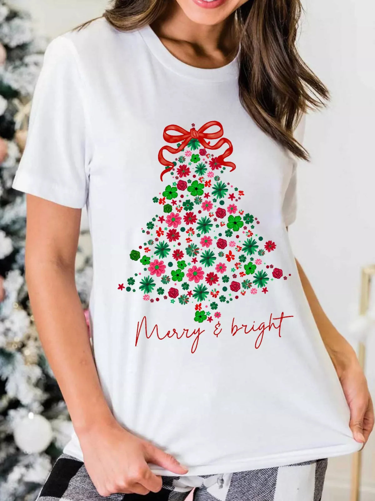 Merry & Bright Floral Christmas Tree Graphic T Shirt