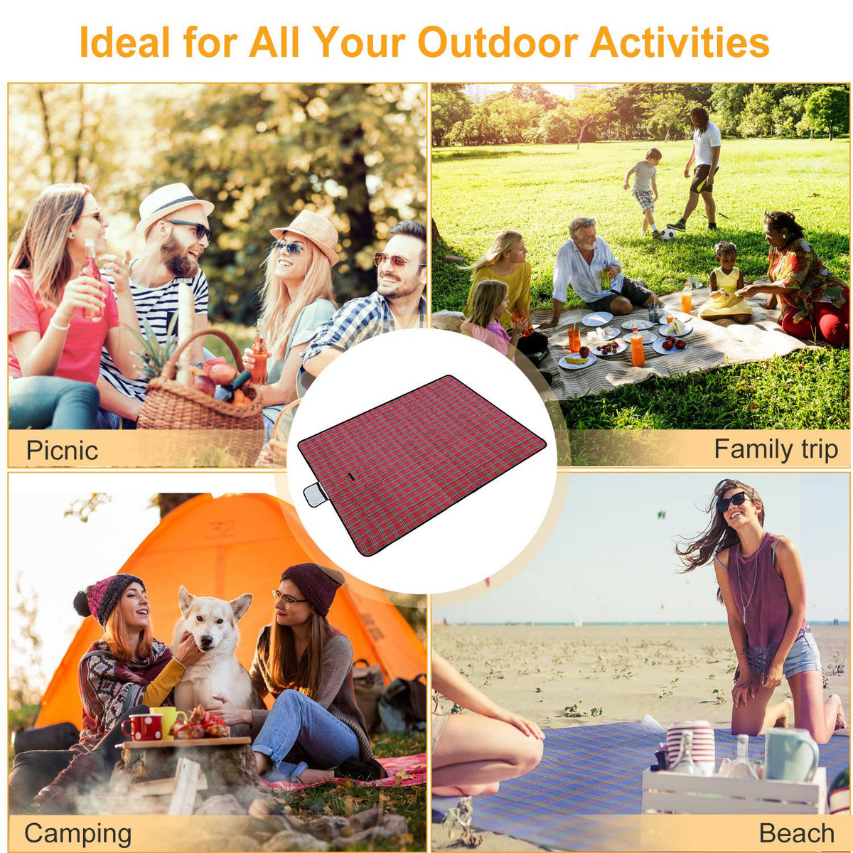 Manta de picnic impermeable de 60" x 78", alfombra plegable para acampar con correa, ideal para camping, senderismo, césped y viajes
