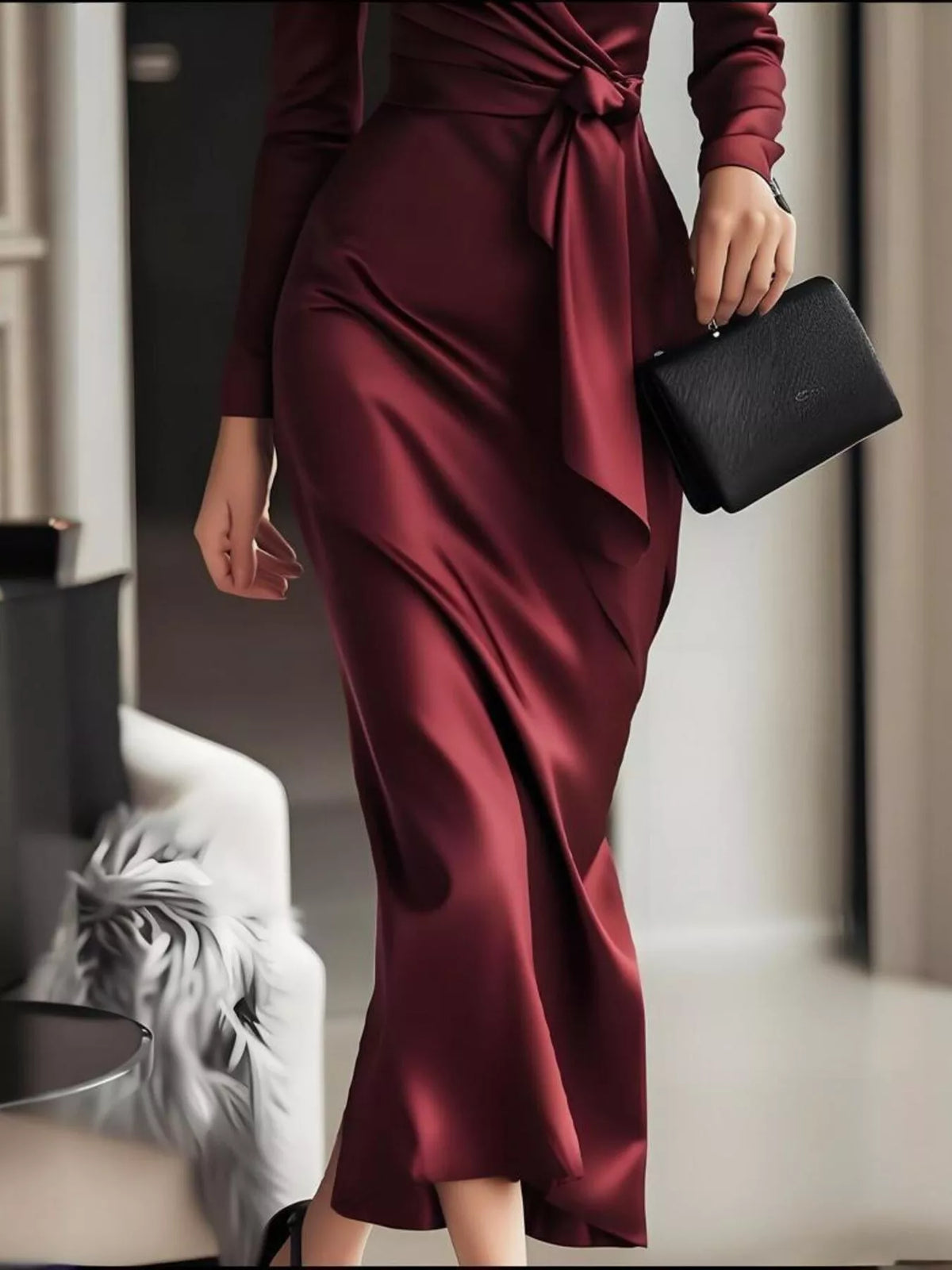 Surplice Satin Long Sleeve Dress