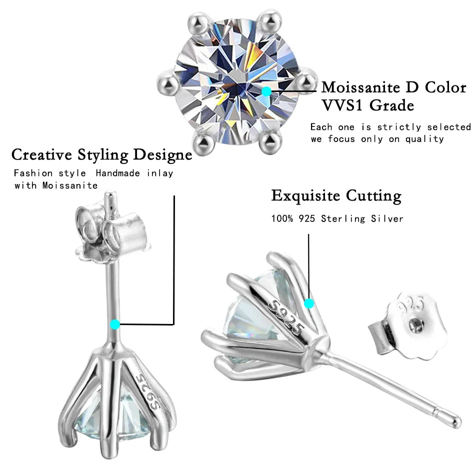 1ct Moissanite Stud Earrings For Women GRA Certified 18K White Gold Plated