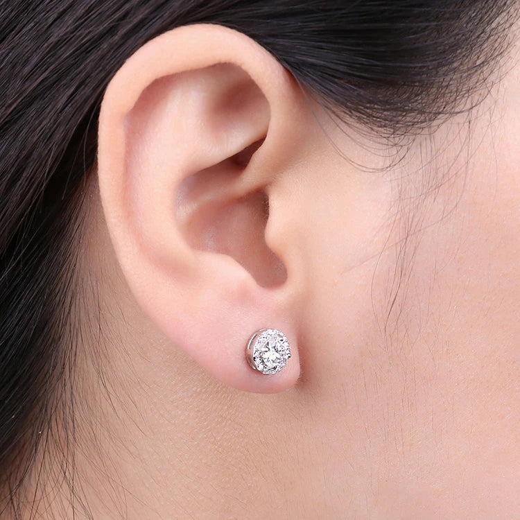 1ct Round D-Color Moissanite Halo Stud Earrings 925 Sterling Silver Plated