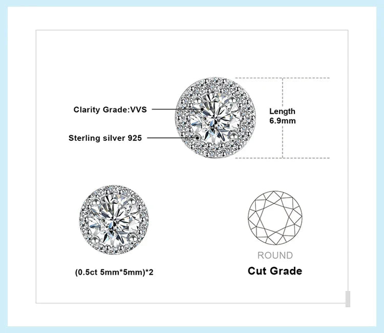 1ct Round D-Color Moissanite Halo Stud Earrings 925 Sterling Silver Plated