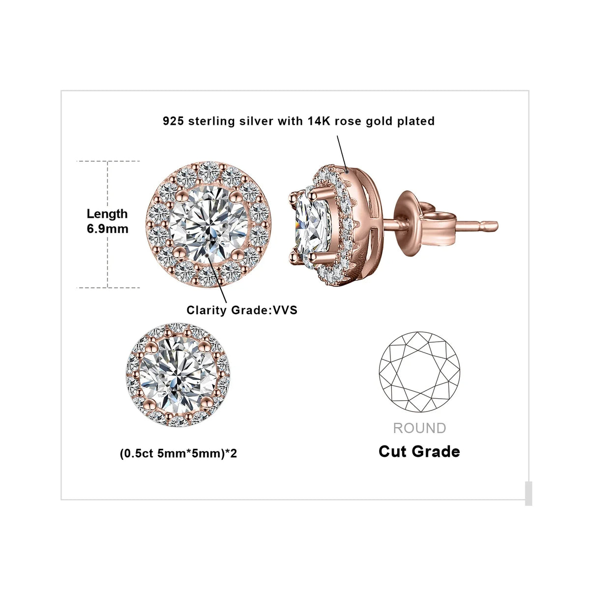 1ct Round D-Color Moissanite Halo Stud Earrings 925 Sterling Silver Plated