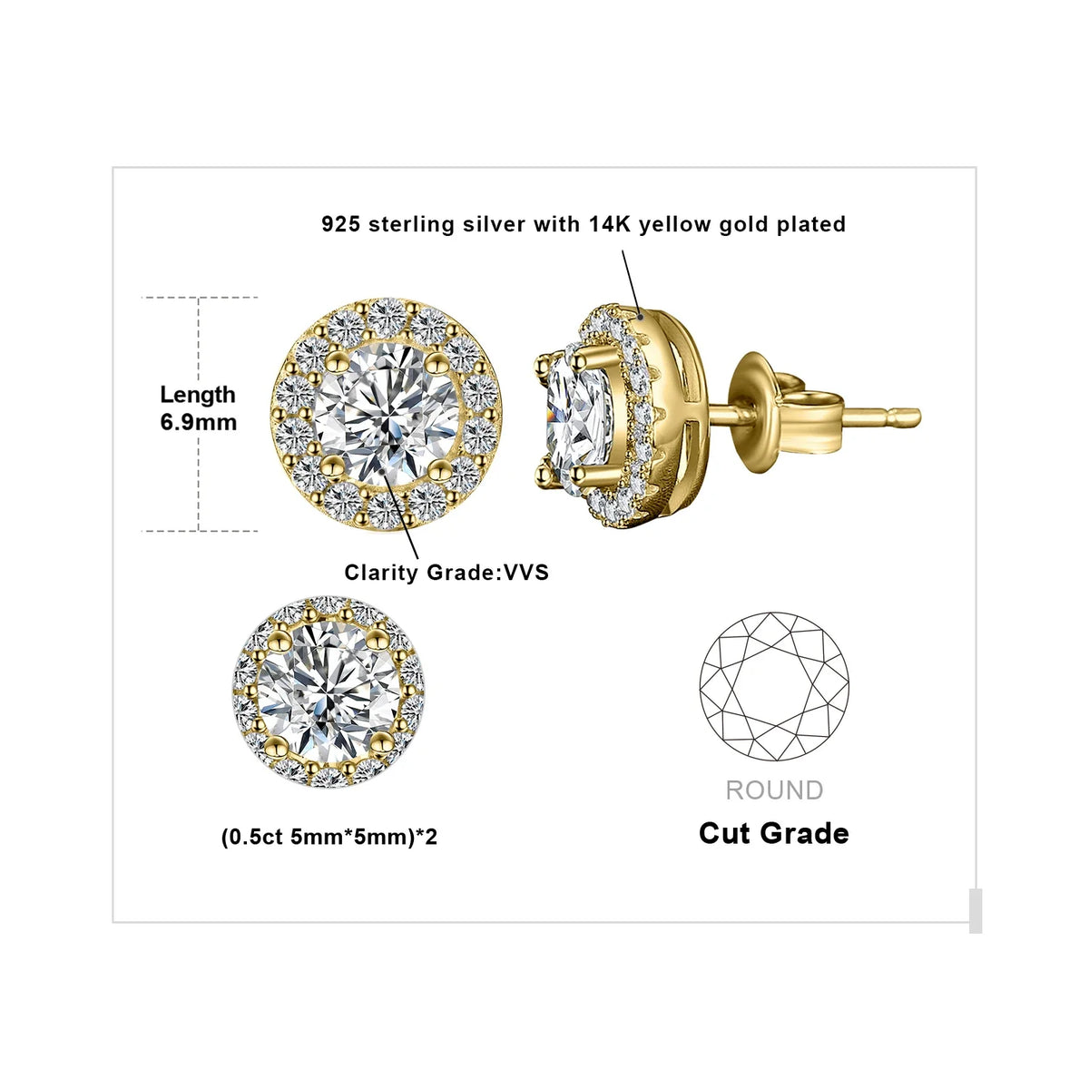 1ct Round D-Color Moissanite Halo Stud Earrings 925 Sterling Silver Plated