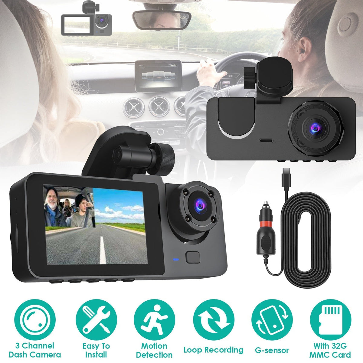 3 Channel Dash Cam Front Inside Rear Vehicle Driving Recorder Car DVR with 32G MMC Card G Sensor Motion Detection Parking Monitor Loop Recording