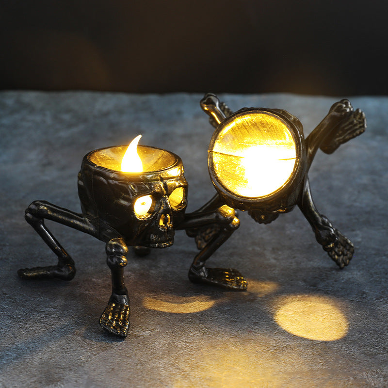 Linterna de mano de calavera de Halloween, accesorios de decoración para ambiente, linterna de noche con pie de calavera, linterna de vela de Halloween