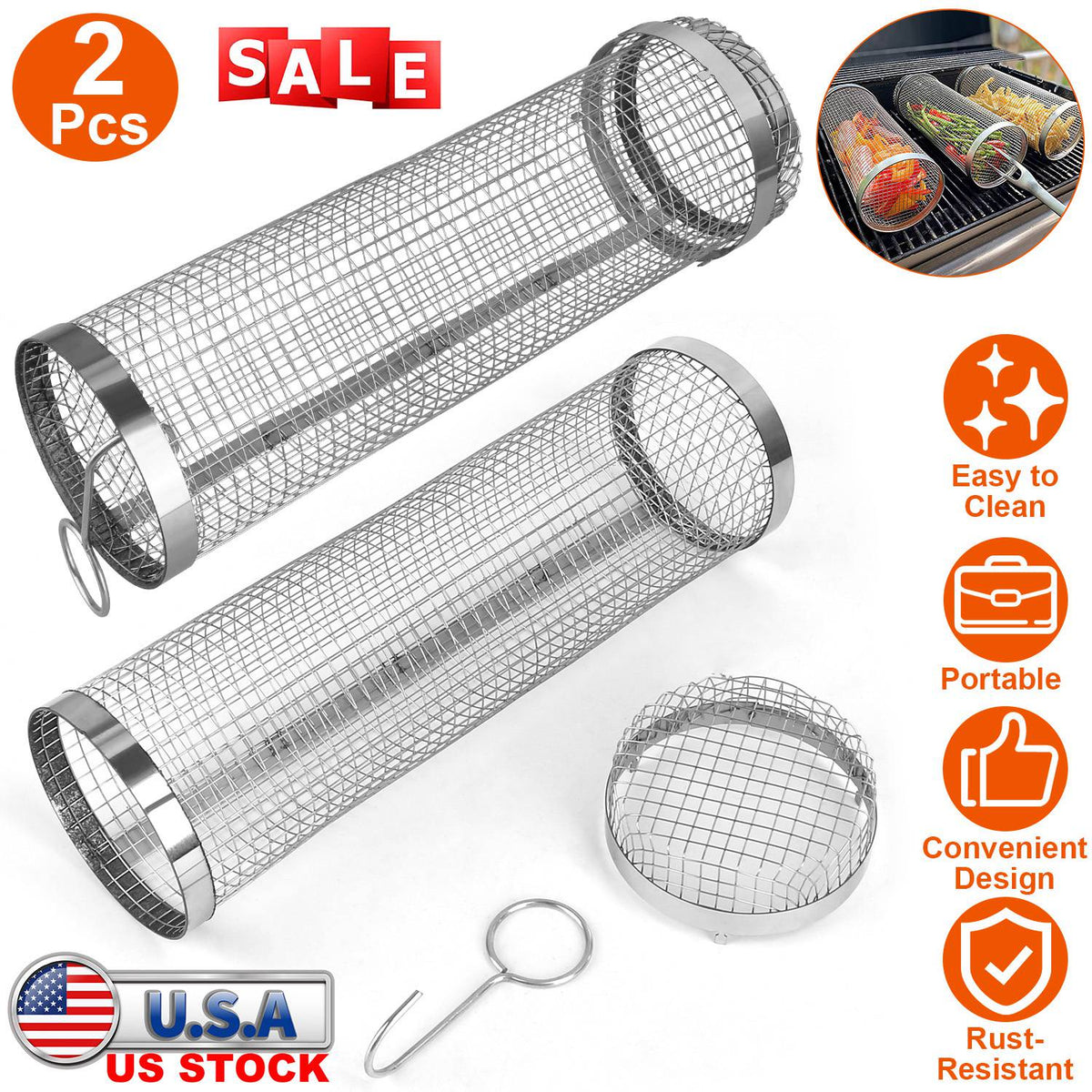 2Pcs 3.42x11.61Inch Portable BBQ Rolling Basket Round Stainless Steel Grill Mesh Barbecue Net Tube with Removable Cover Outdoor Camping